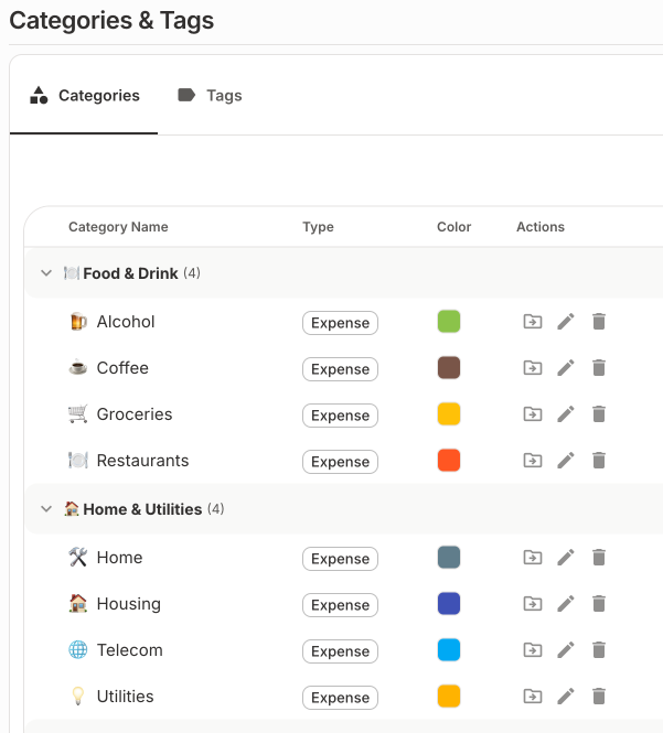 Setting up main categories, subcategories and custom tags in Zen Expenses to organize personal expenses