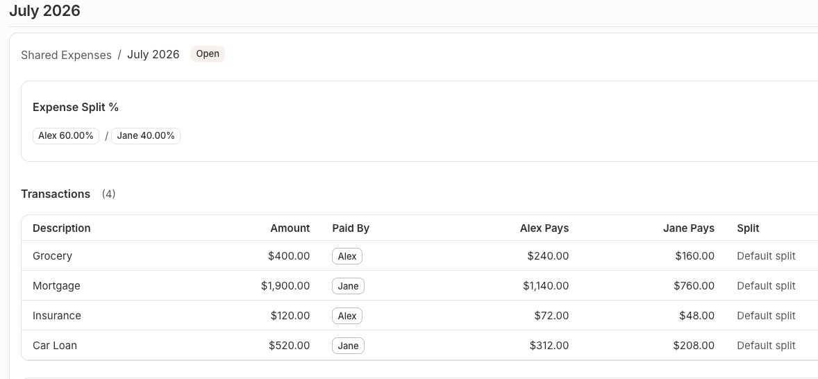 Zen Expenses shared expenses view for splitting bills and costs fairly between couples and roommates