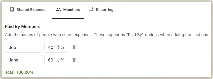 Configuring a couples' household expense split ratio in ZenExpenses with Joe at 40% and Jane at 60% of shared transactions.
