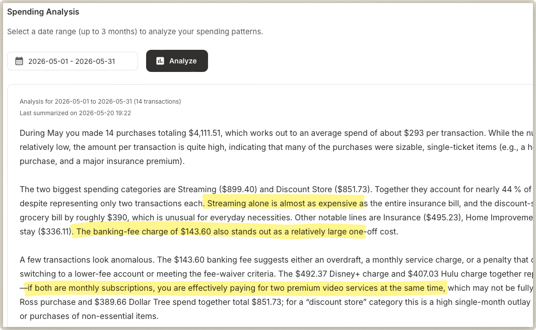 ZenExpenses AI spending analysis explaining monthly purchases in plain language as a simple alternative to traditional budget apps.